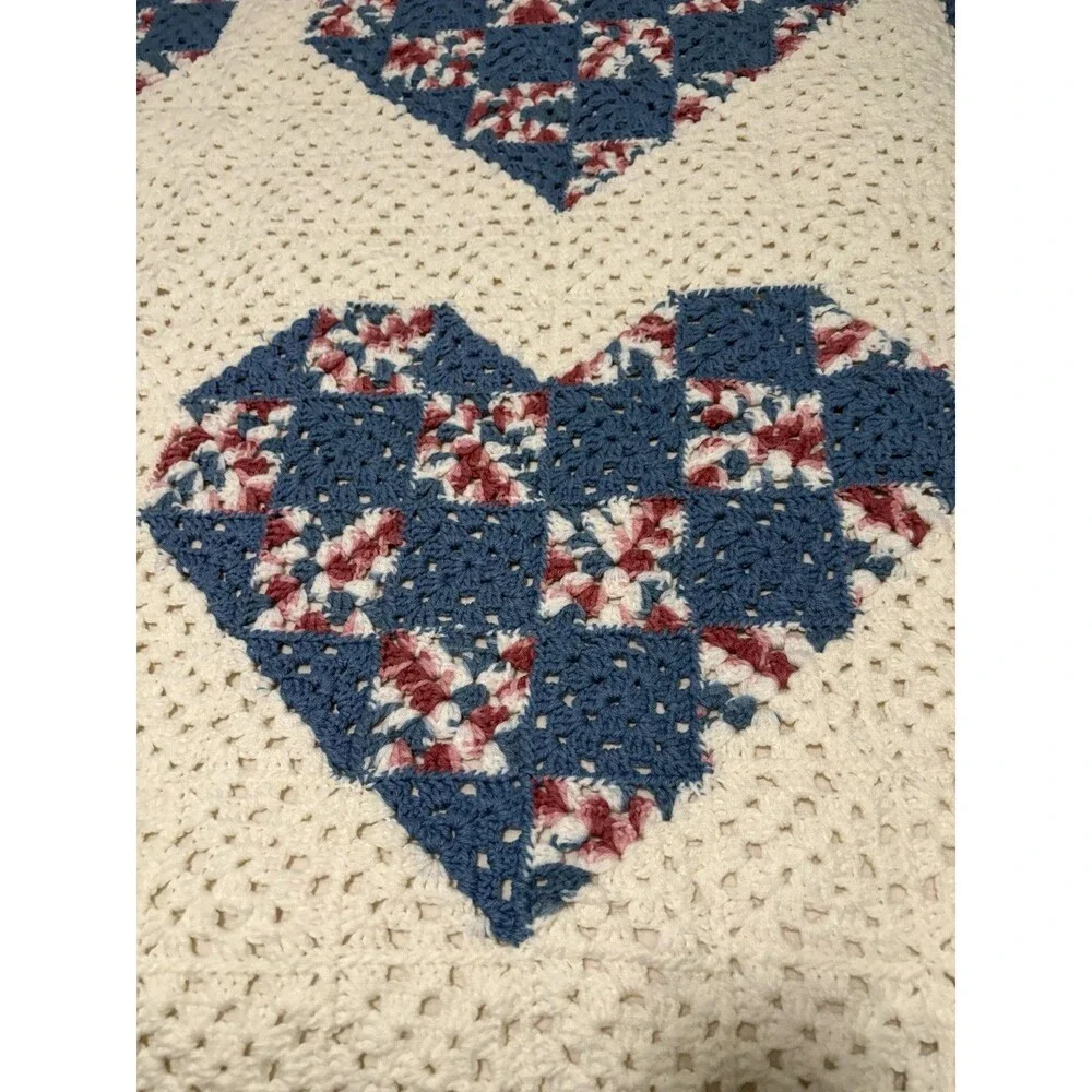 Handmade Crochet Granny Square Sofa Throw Blanket, Multicolor Vintage Hearts